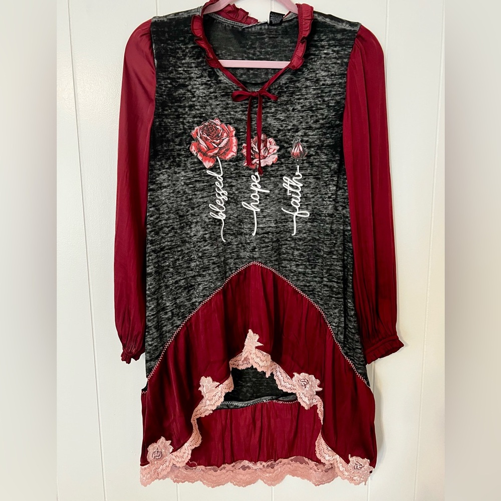 Upcycled One-Of-A-Kind Inspirational High/Low Burgundy Tunic with Lace Trim - Picture 1 of 5